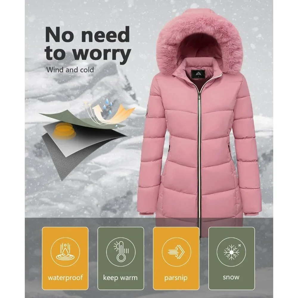 Women's Pink Winter Windproof Warm Down Coats Waterproof Hooded Puffer Jacket